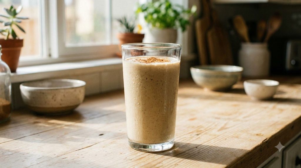 A finished oat power drink poured into a tall glass garnished slightly