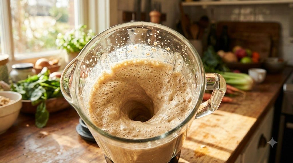 A blender running showing the oat mixture swirling to a creamy texture
