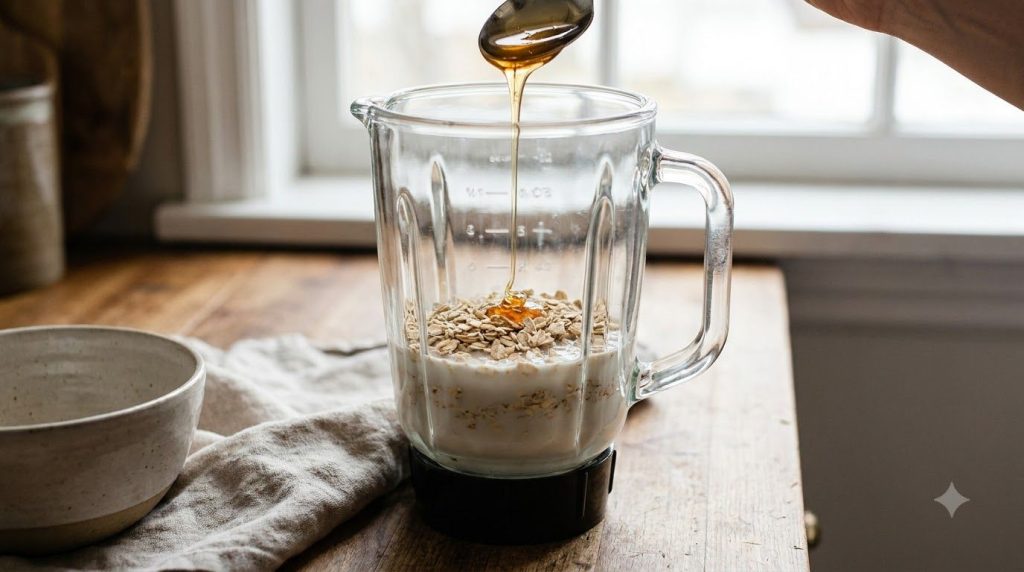 A close-up of rolled oats liquid and sweetener being added to a blender