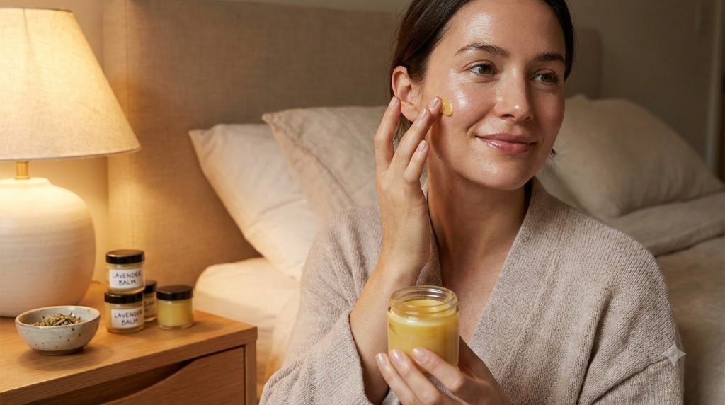 A woman gently applying a small amount of the DIY night balm to her face before bed showcasing smooth radiant skin in a 
