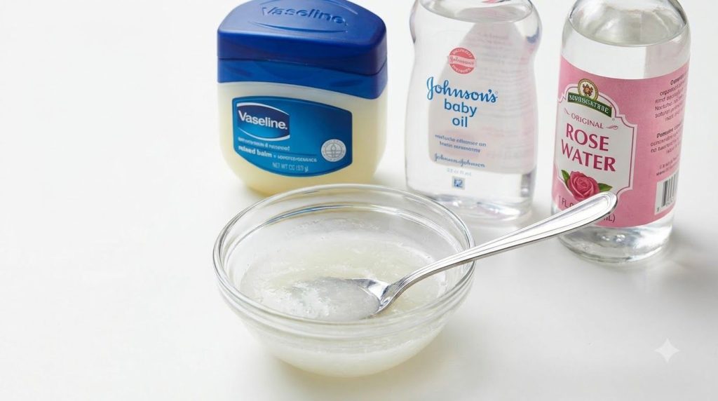 Close up shot of a small glass bowl with the mixed Vaseline baby oil and rose water balm with the individual ingredients