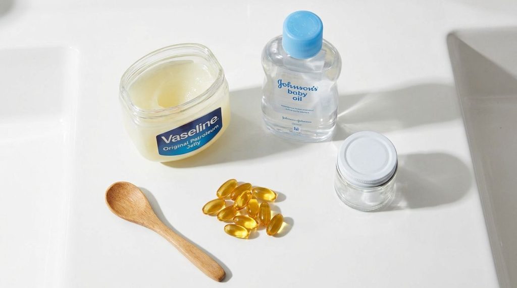 Ingredients for a DIY collagen cream a small open jar of Vaseline a bottle of baby oil and several small Vitamin E capsu