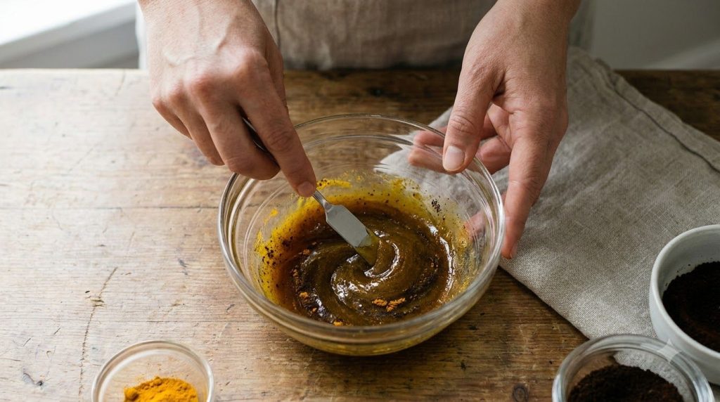 A close-up of a small glass bowl with Vaseline turmeric powder and finely ground coffee being mixed with a small spatula