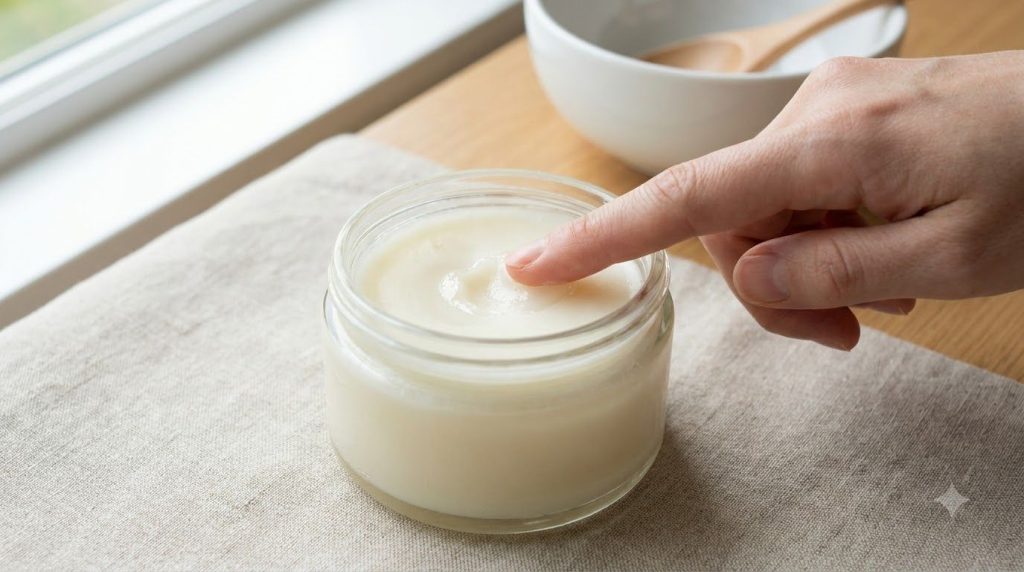 A small clean glass jar filled with the solidified homemade Vaseline baby oil and panthenol balm with a finger scooping 