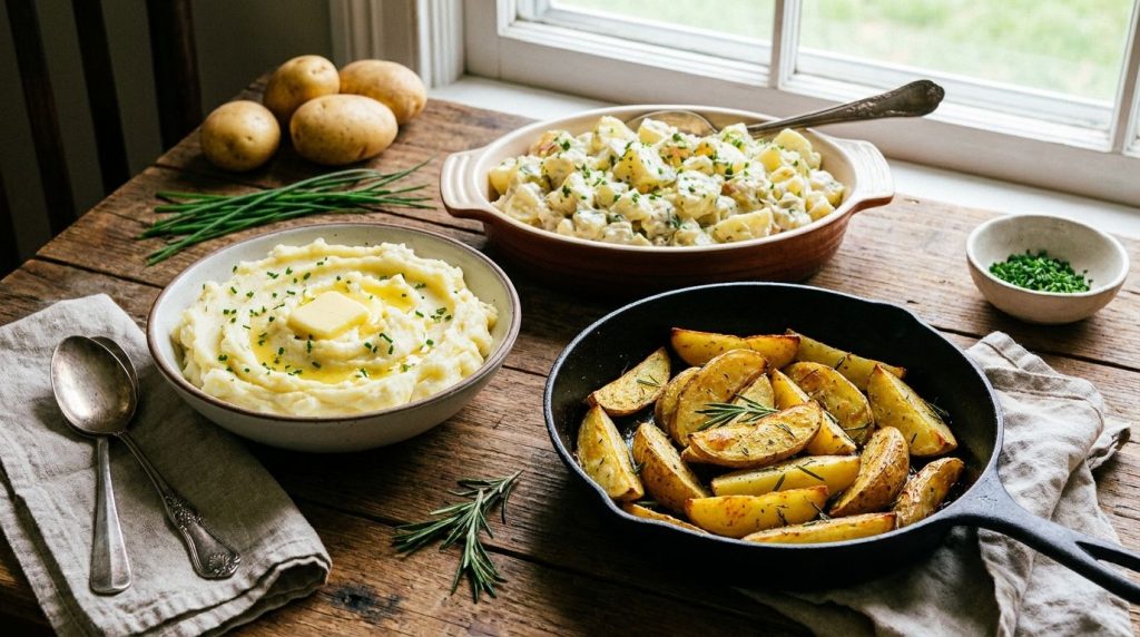 A variety of potato dishes including mashed potatoes potato salad and roasted potatoes showcasing the versatility of boi