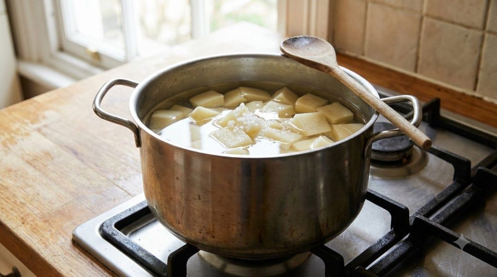 A large pot filled with peeled and diced potatoes covered with water on a stovetop before cooking