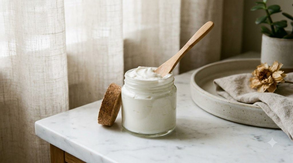 A small clear airtight container filled with the finished creamy white night blend ready for use with soft glowing light