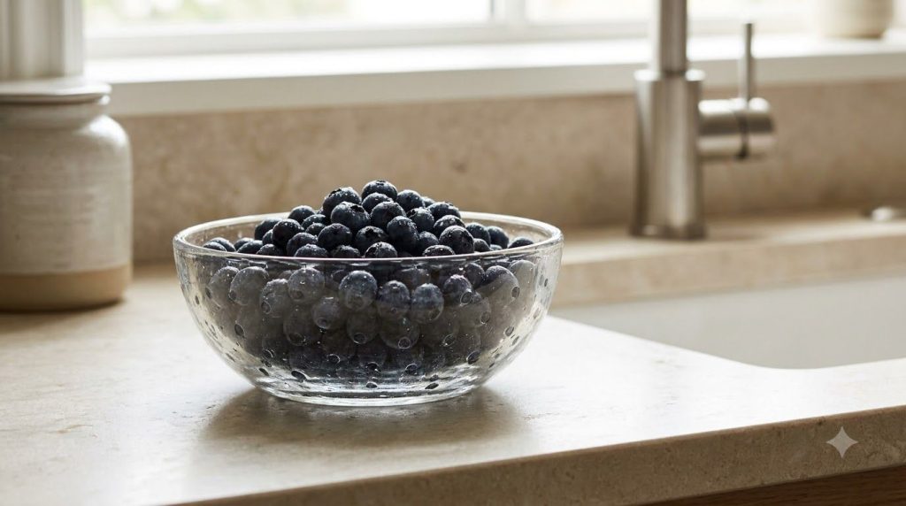 A clear bowl filled with glistening freshly washed blueberries on a light kitchen counter