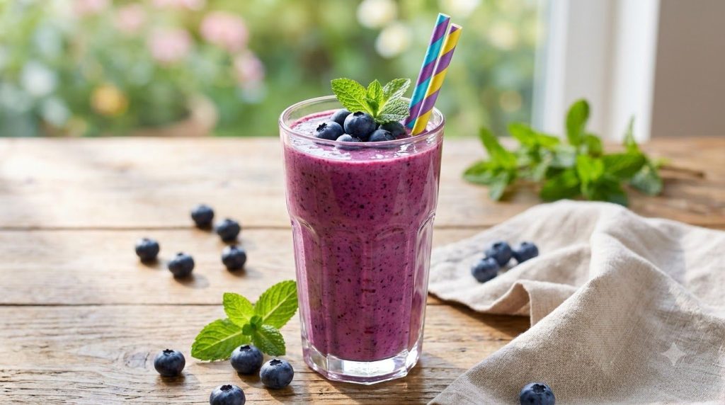 A vibrant purple blueberry smoothie in a glass garnished with fresh blueberries and a straw