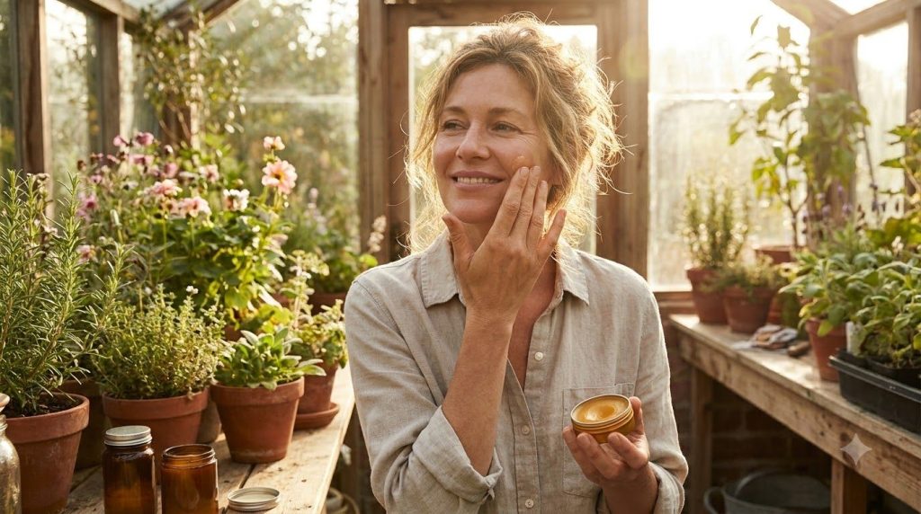 A woman gently applying a small amount of the homemade balm to her cheek with her fingertips demonstrating the applicati