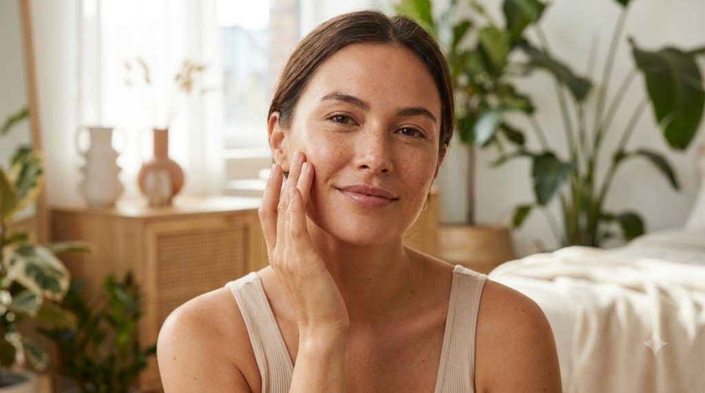 A woman smiling and confidently touching her smooth glowing face illustrating radiant and healthy skin