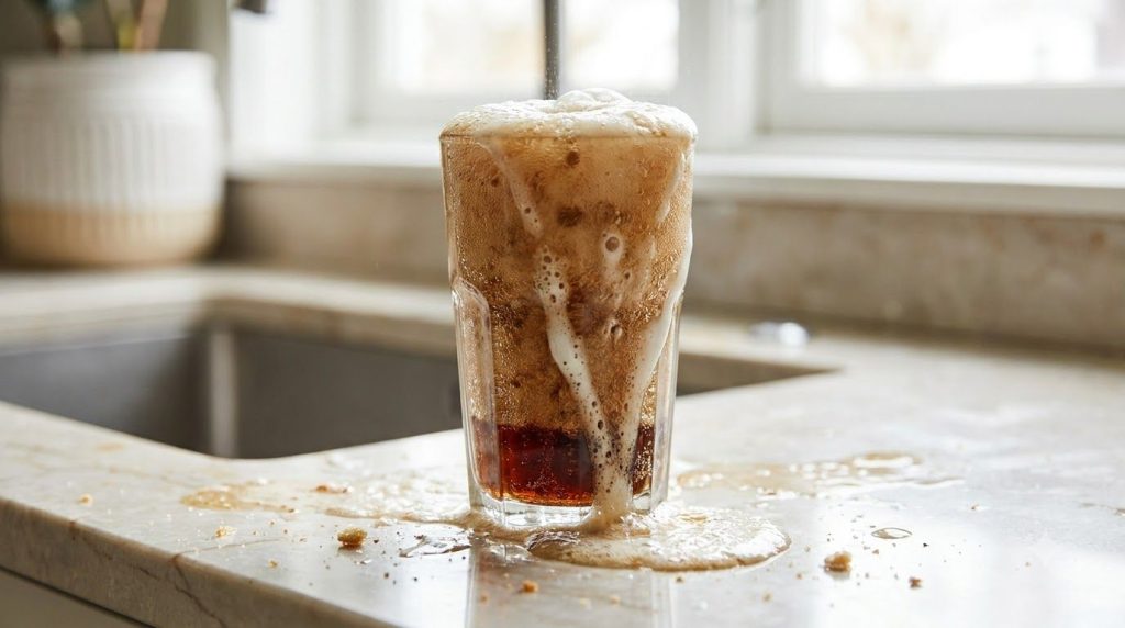 A close-up shot of toothpaste and cola mixing in a clear glass showing a frothy bubbling and slightly discolored foam ov
