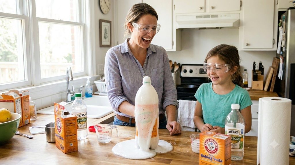 A child and adult working together on a safe colorful kitchen science experiment like a baking soda volcano with clear s