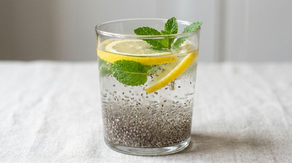 A close-up of a glass of chia seed drink with lemon slices and mint leaves glistening in natural light The texture of th