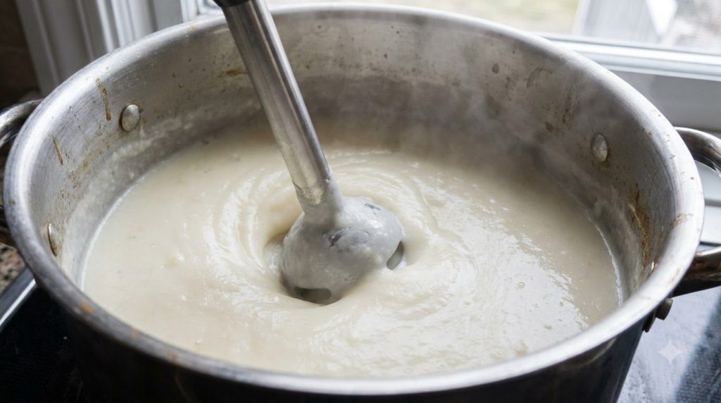 A creamy smooth potato soup being blended in a large pot using an immersion blender creating a vortex of white liquid