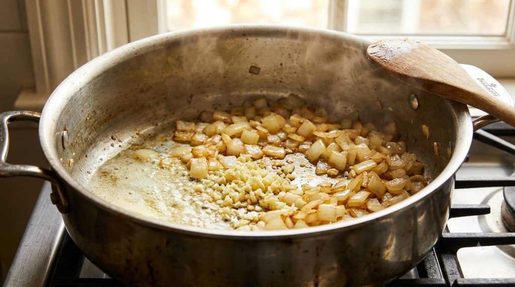 Chopped onions and minced garlic gently sautéing in a large pot with melted butter or oil becoming translucent and fragr