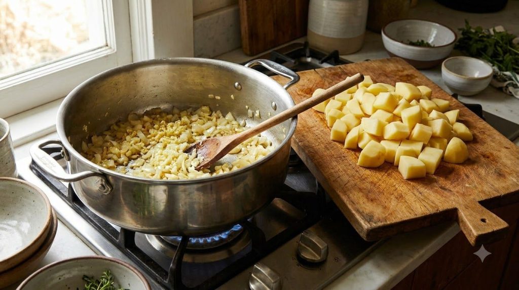 Chopped potatoes onion and minced garlic ready for cooking in a pot