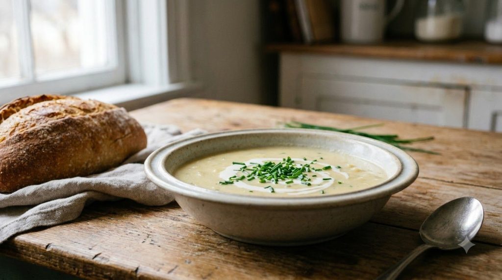 A finished creamy potato soup base in a bowl garnished with fresh chives