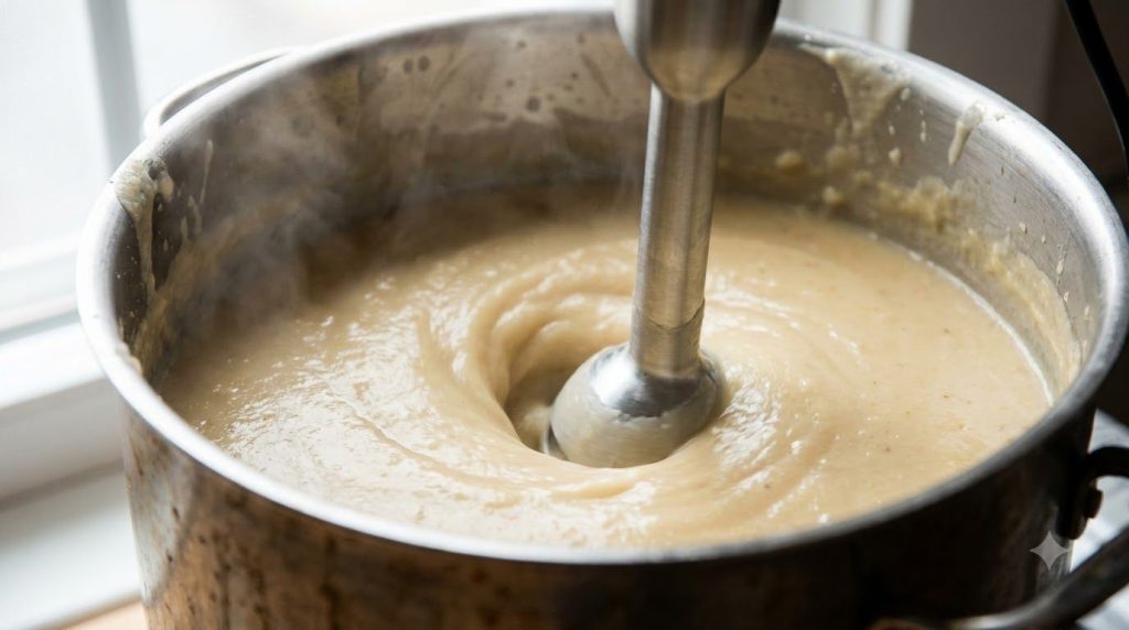 A close-up of an immersion blender creating a smooth creamy potato mixture in a pot