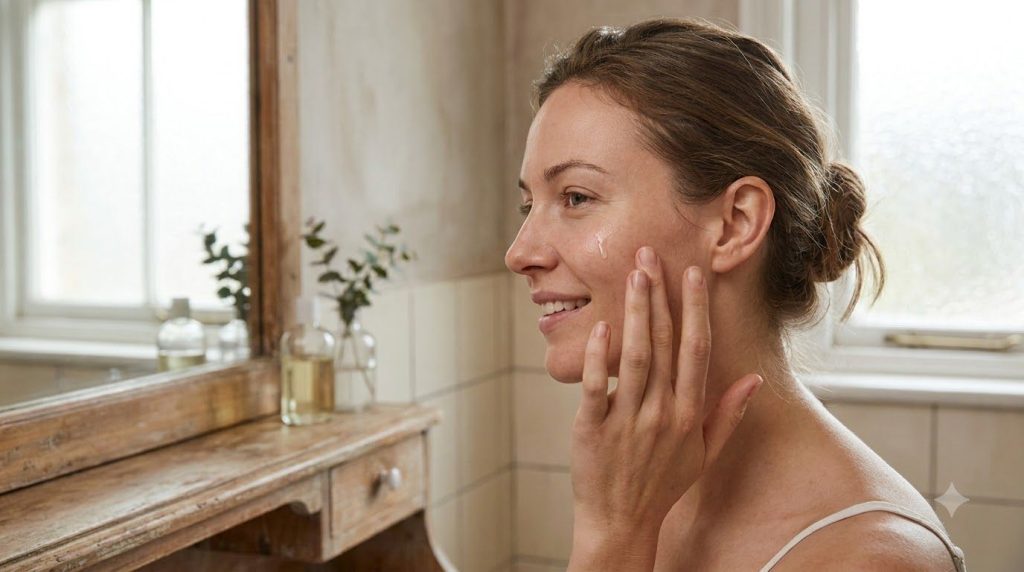 A woman gently applying a small amount of the DIY collagen oil to her face with her fingertips focusing on areas like th