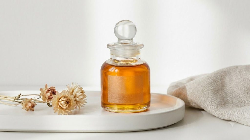 A small elegant glass jar filled with the golden DIY collagen oil with a subtle glow placed on a vanity or smooth surfac