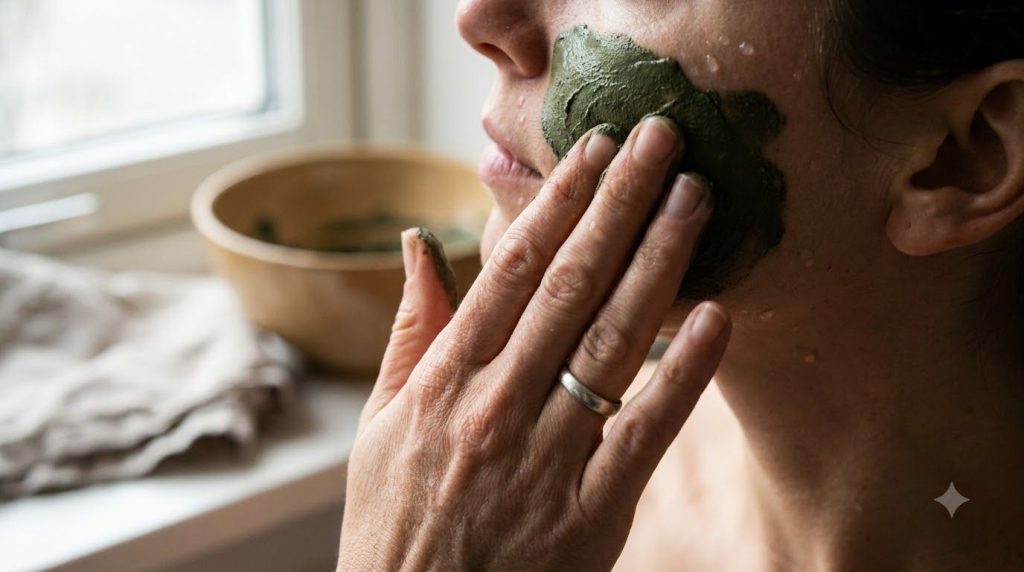 A person s hand applying a green DIY spirulina face mask to their cheek with gentle circular motions