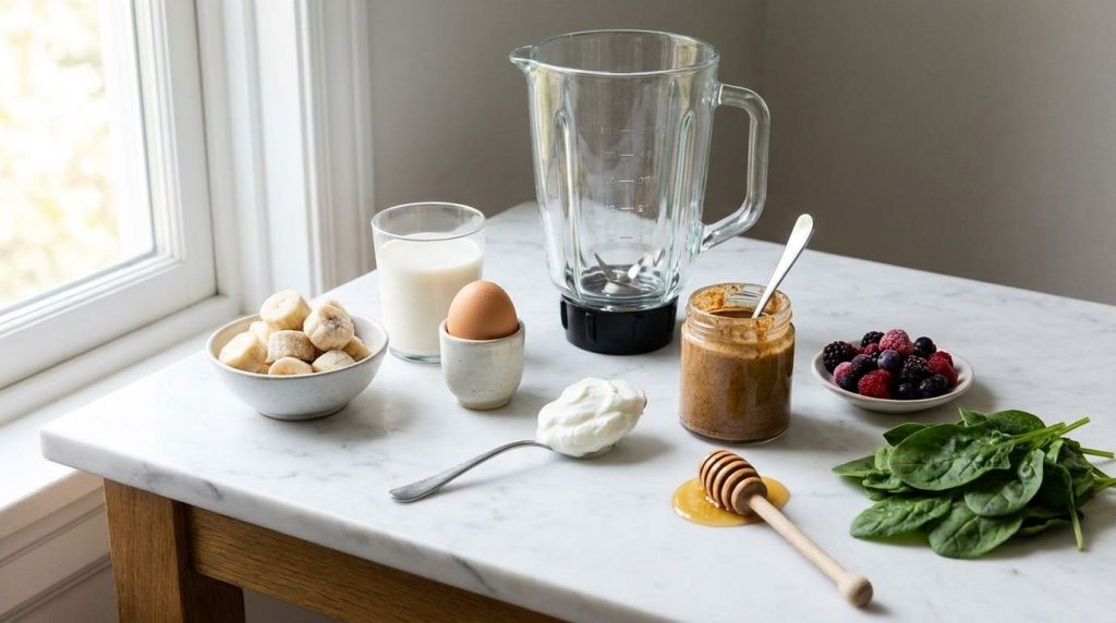 All smoothie ingredients laid out on a counter ready to be added to a blender