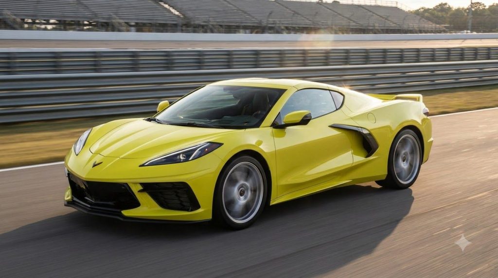 A sleek modern Chevrolet Corvette perhaps a C8 model in a dynamic pose on a professional race track highlighting its con