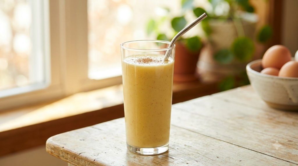 A perfectly blended creamy healthy egg smoothie poured into a glass ready to drink with a straw