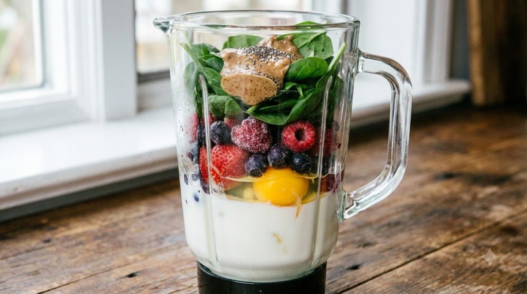 All smoothie ingredients including the cracked egg assembled in a blender jar ready to be blended