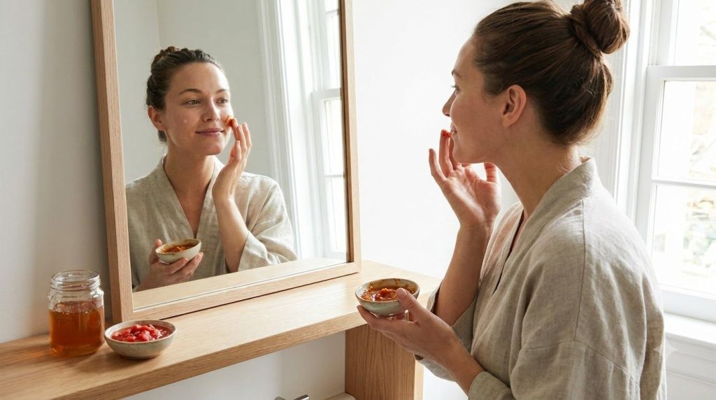 A woman gently applying a homemade tomato face mask to her clean face looking into a mirror with soft diffused light