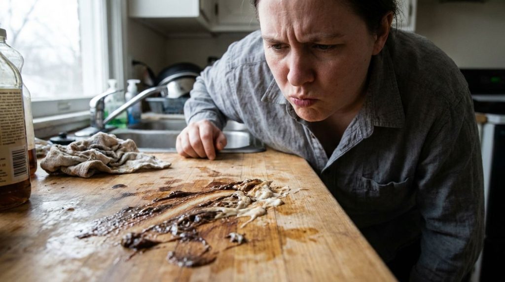 A person looking puzzled or disappointed at a sticky ineffective mixture of cola and toothpaste on a dirty surface empha