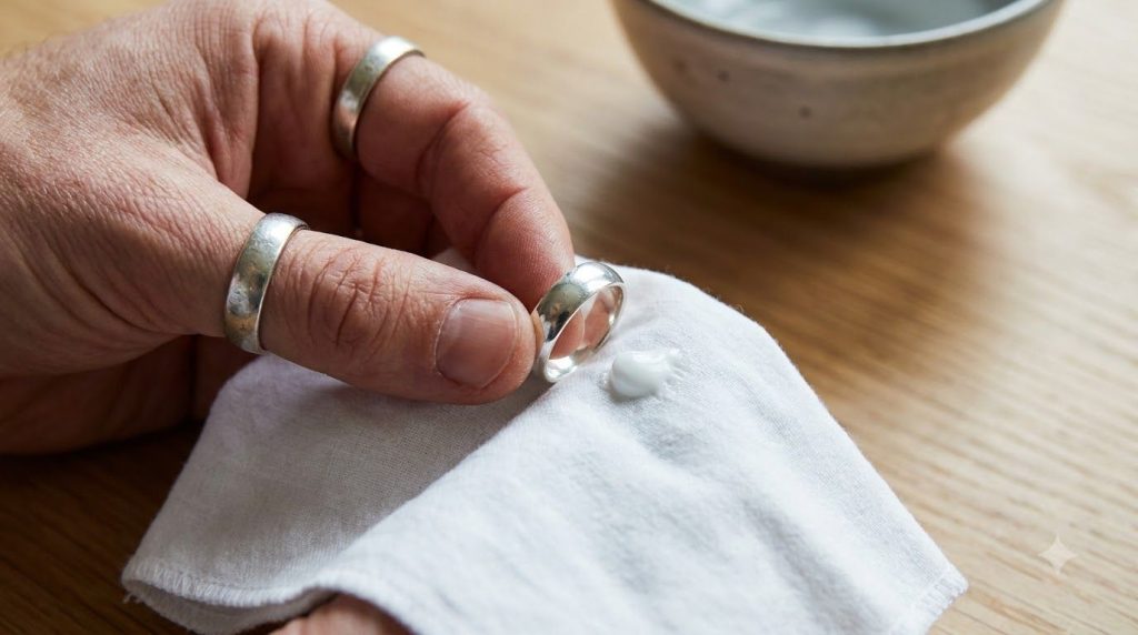 A close-up of a person using toothpaste to polish a silver ring with the ring sparkling after cleaning