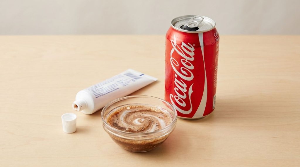 A visual representation of an open can of Coca-Cola next to an open tube of toothpaste with a small amount of each ingre