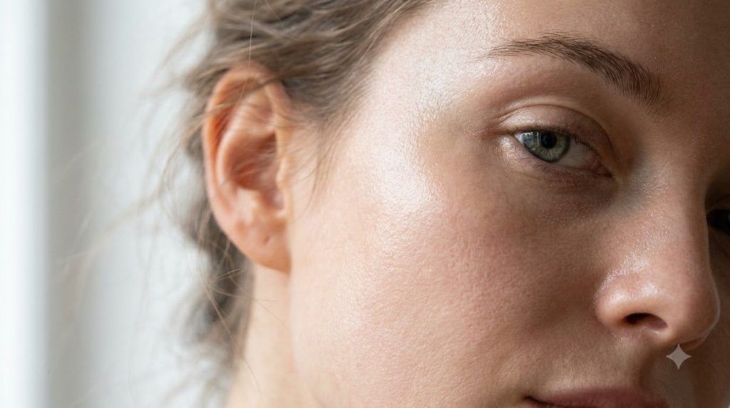 A close-up of a woman s radiant and clear skin after using a natural face mask with a soft focus background
