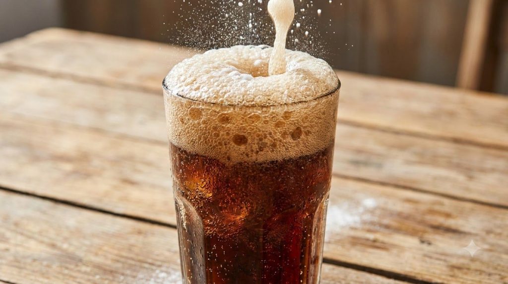 A close-up of a clear glass overflowing with a vigorous fizzy reaction between dark brown Coca-Cola and white baking sod