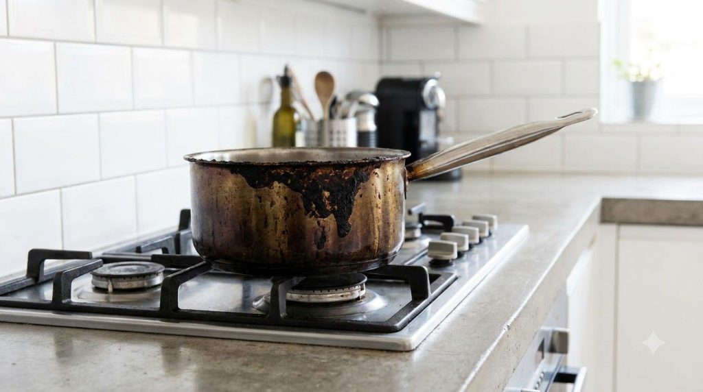 A severely burnt stainless steel pot on a kitchen stove with a thick layer of black charred residue stuck to the bottom 