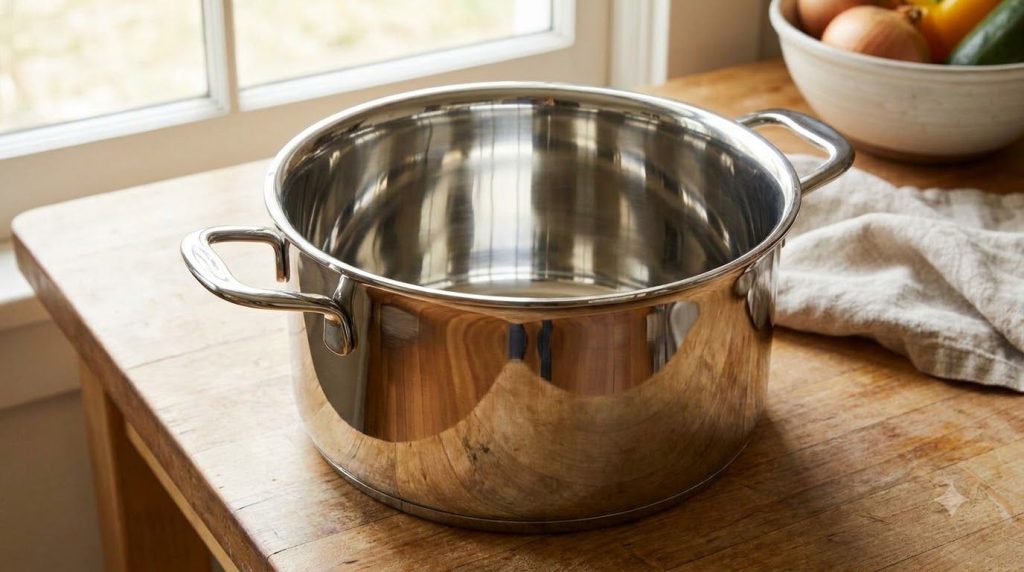 A sparkling clean stainless steel pot shining brightly with no signs of burns or residue The inside is perfectly clean a
