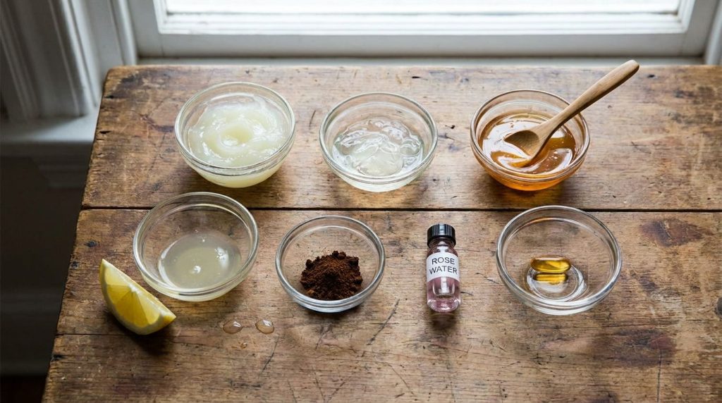 A collection of small bowls or containers on a wooden surface each holding one ingredient for the DIY night gel Vaseline