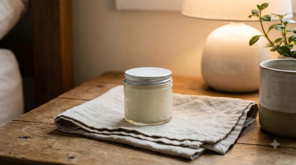 A small clear glass jar filled with a freshly made DIY night balm featuring a smooth creamy texture The jar is placed on