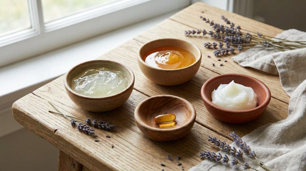A collection of small bowls containing Vaseline aloe vera gel raw honey and a single Vitamin E capsule arranged neatly o