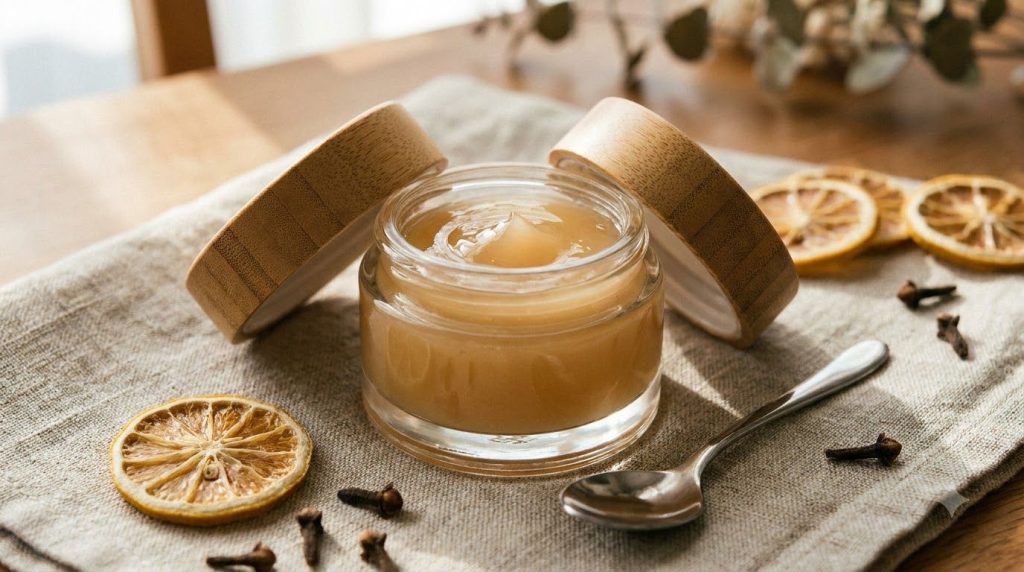 A small clear glass jar filled with a light amber-colored gel-cream representing the finished Vaseline Clove Lemon Night