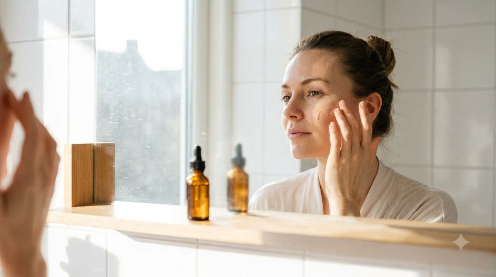 A woman gently applying a clear serum to her face with a small dropper bottle visible in the background in a well-lit ba