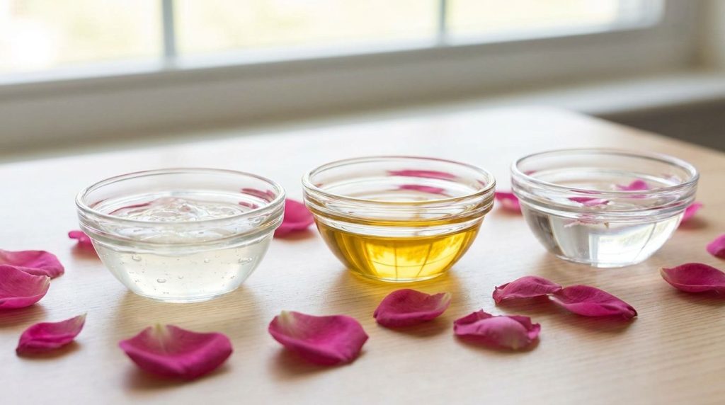 A trio of small bowls containing aloe vera gel liquid vitamin E oil and rose water with fresh rose petals scattered arou