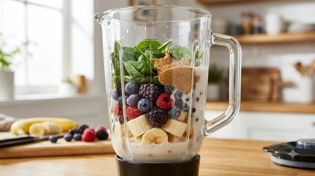 All smoothie ingredients including banana berries spinach almond butter and milk already in a blender jar ready to be bl