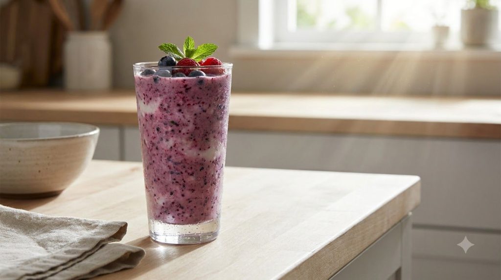 A vibrant smooth high-protein breakfast smoothie poured into a tall glass garnished with a few fresh berries and a straw