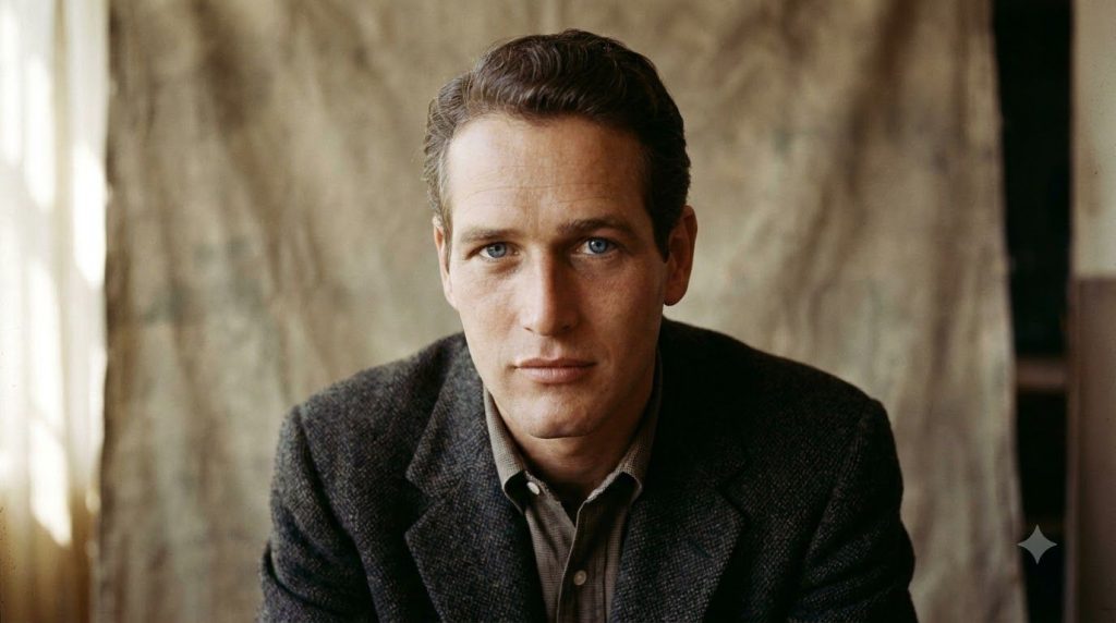 A real publicity photo of a young Paul Newman gazing intently with his famous blue eyes