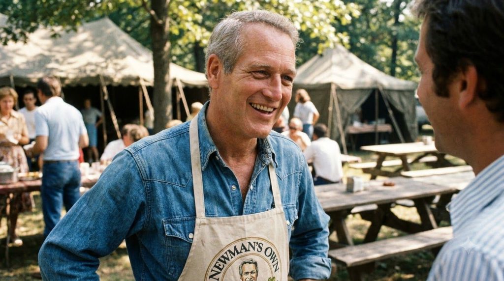 A real photo of Paul Newman smiling possibly at a Newman s Own event or charity function