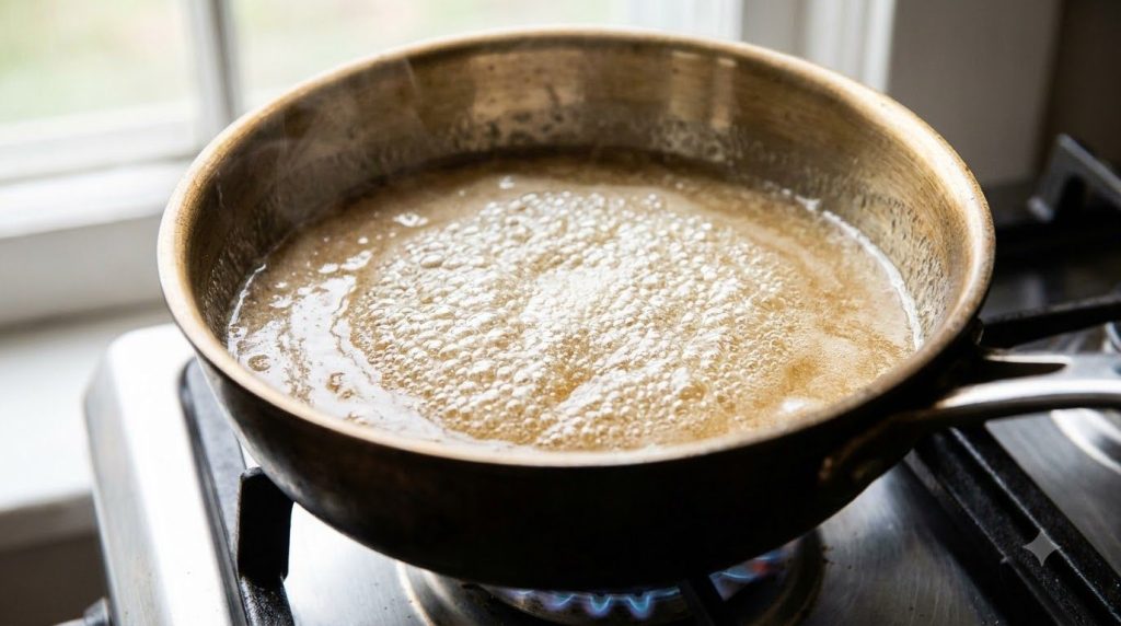 Close-up of sugar syrup boiling in a saucepan starting to turn amber at the edges with small bubbles