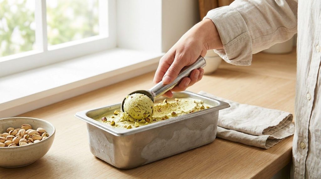 A person scooping creamy pistachio ice cream from a container showing the ease of serving